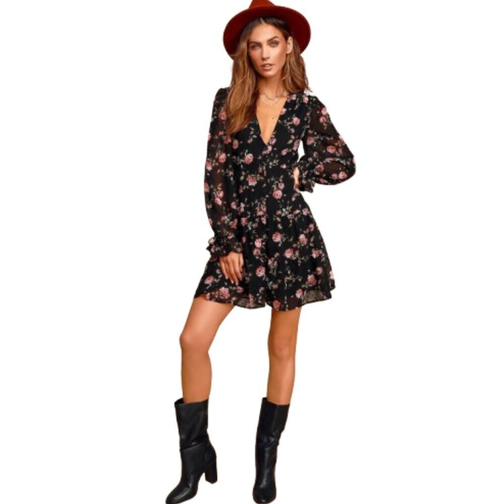 Women's XL NWT Lulus Fleur-ty Girl Black Floral Print Long Sleeve Babydoll Dress